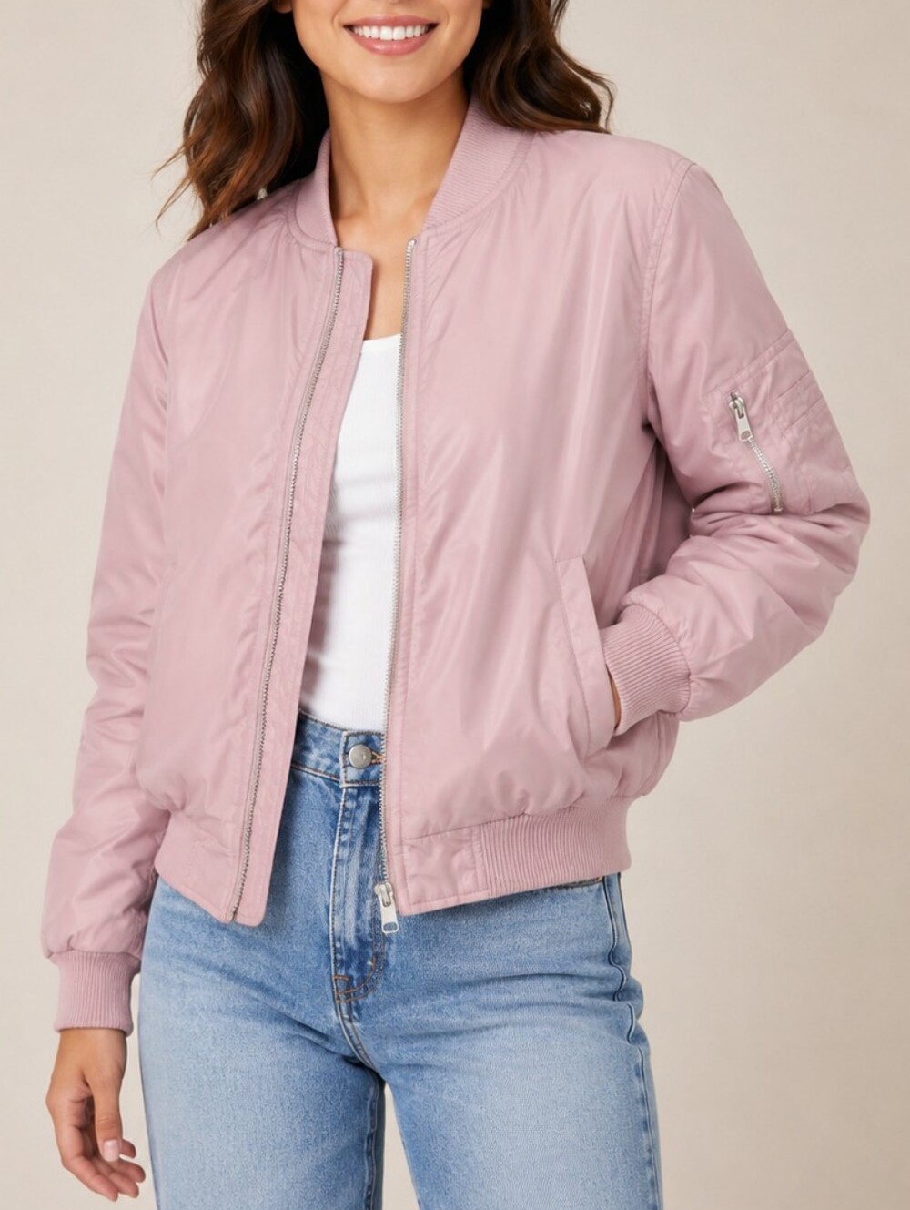 New Look Pale Pink Utility Bomber Jacket Womens Medium Y2K Streetwear Puffy Coat